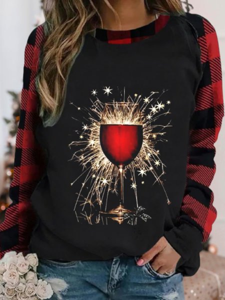 

Casual Long Sleeve Round Neck Plus Size Printed Plaid Tops Sweatshirts, Black, Hoodies & Sweatshirts