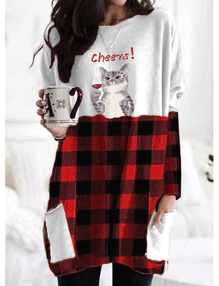 

CAT Casual Checked/Plaid Pockets Loosen Shirts & Tops, Red, Tops