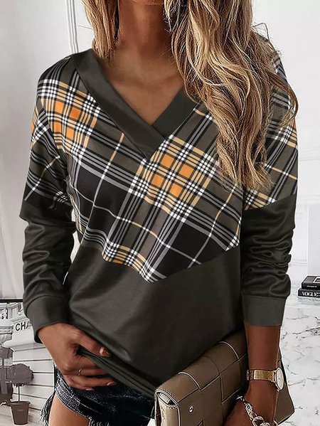 

Loosen Geometric Plaid Shirts & Tops, Deep gray, Long sleeve tops