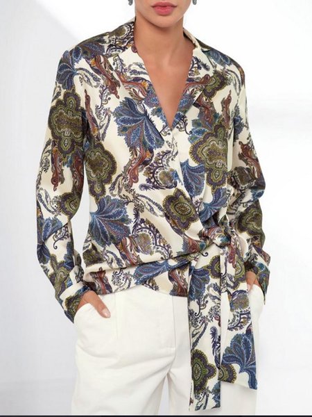 

Lapel Elegant Lace-up Floral Printed Top, As picture, Blouses and Shirts