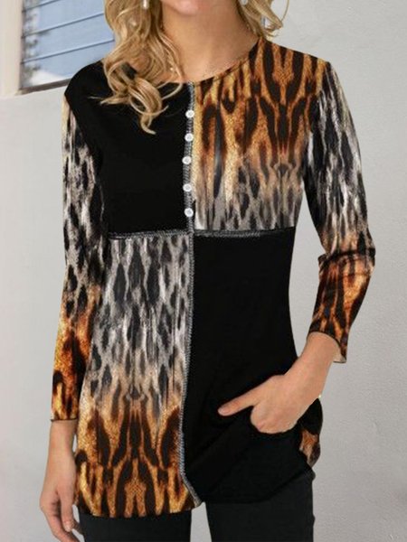 

Crew Neck Loosen Leopard Shirts & Tops, Black, Long sleeve tops