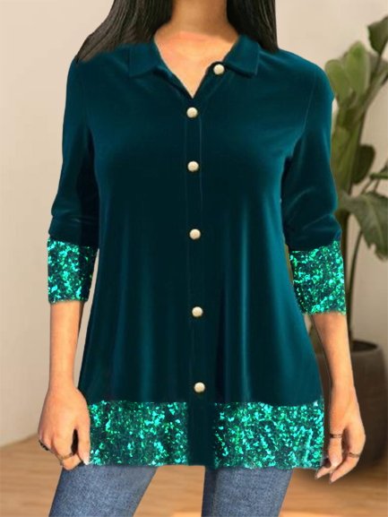 

Sequins Plain 3/4 Sleeve Buttoned Plus Size Casual Women Tunic Shirt Tops, Cyan, Blouses & Shirts