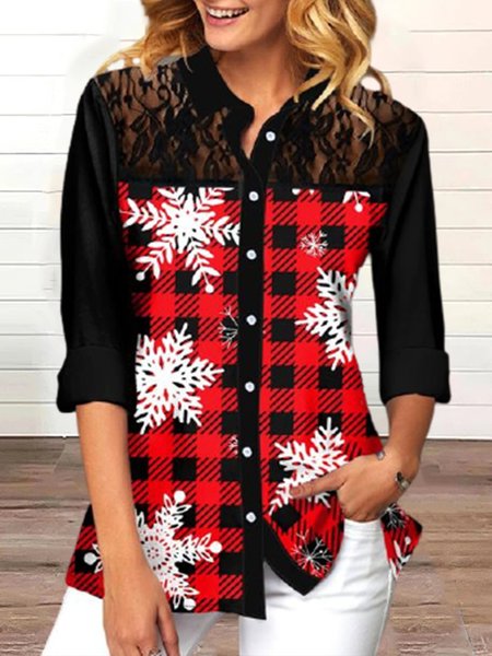 

Casual Checked/Plaid Lace Buttoned Long Sleeve Shirt Collar Shirts & Tops, Black, Blouses & Shirts