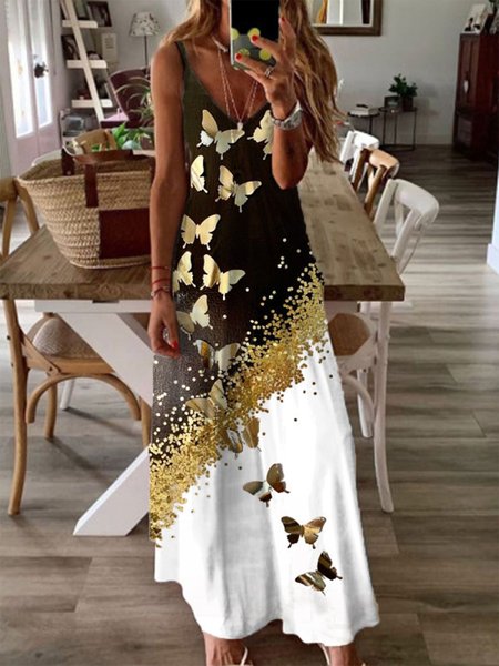 

Fashion Butterfly Print Color block Slip Maxi Dress Women, Black-white, Tie dye dress