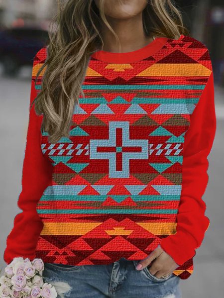 

Ethnic style geometric pattern printed sweatshirt, Orange, Hoodies&Sweatshirts