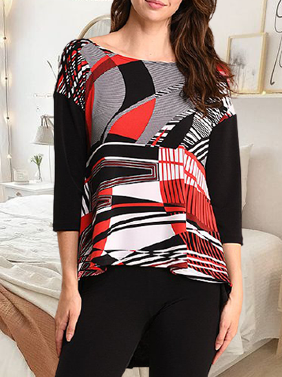 

Red, white and gray contrasting irregular geometric pattern T-shirt Boat Neck Geometric Loosen Shirts & Tops, Long sleeve tops