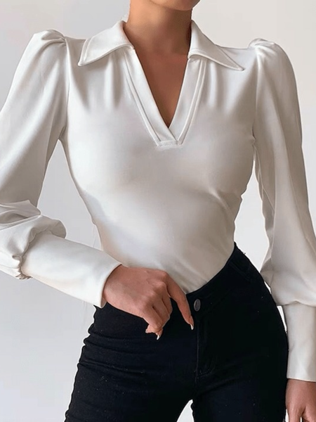 

Spring V Neck Simple Long sleeve Daily Household High Stretch Tops, White, Blouses and Shirts