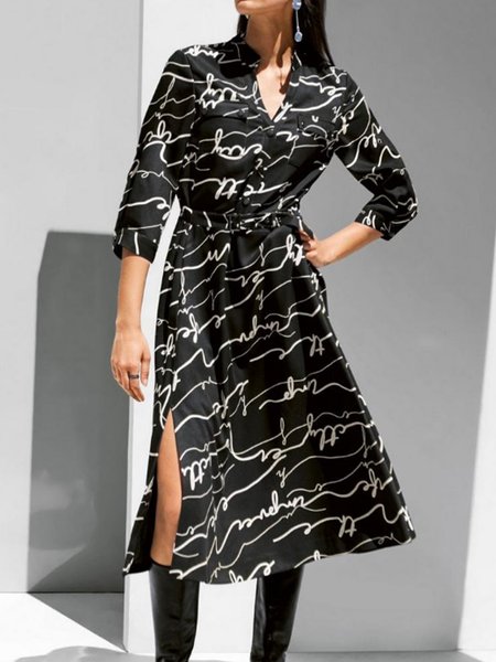 

Three Quarter Slim Fit Letter Elegant Dress, Black, Midi Skirts