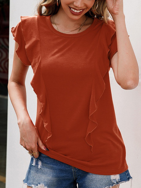 

Cotton Plain Petal Sleeve Crew Neck Shirts & Tops, Orange, T-Shirts