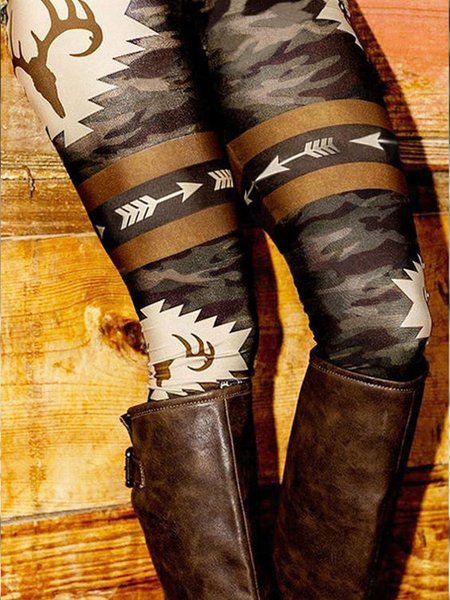 

Casual Popular Styles Tribal Mid Waist High Stretch Pants, Brown, Leggings