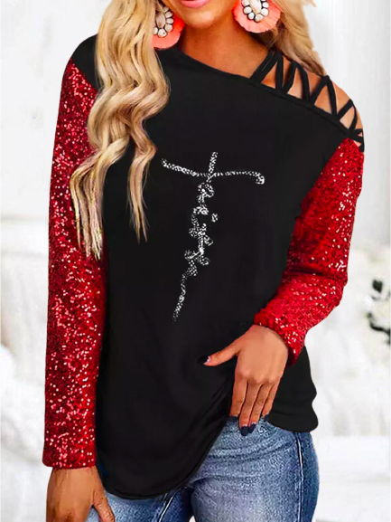 

Cotton Blends Casual Loosen Shirts & Tops, Black-red, T-Shirts