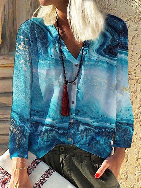 

Casual Loosen V Neck Shirts & Tops, Blue, Blouses & Shirts