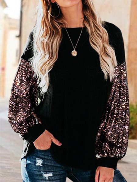 

Cotton Blends Crew Neck Casual Sequins Shirts & Tops, Black, Tops