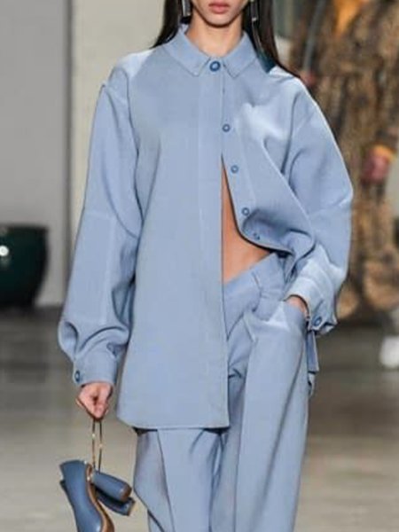 

Simple Work Solid Shirt Collar Top, Blue, Blouses and Shirts