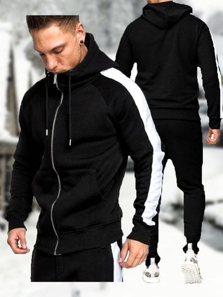 

Men's Zipper Hooded Casual Sport Suits, Black, Two-pieces