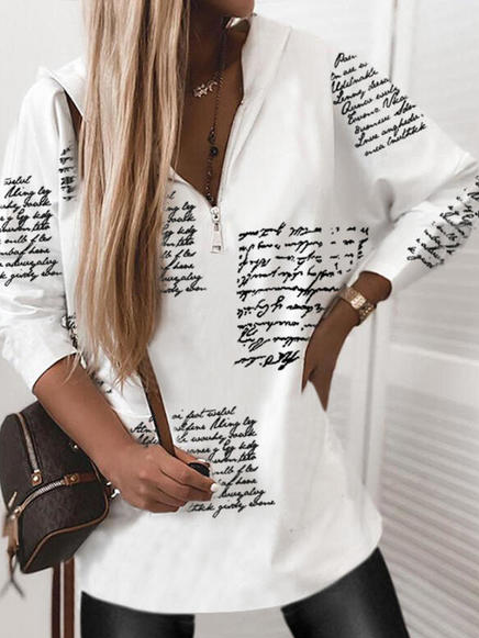 

Hooded Letter Casual Shirts & Tops, White, Tops