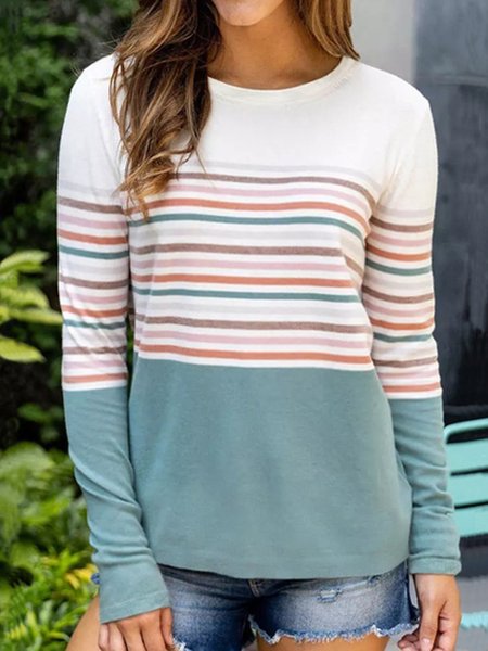 

Crew Neck Casual Cotton Blends Shirts & Tops, Blue, Tees & T-shirts