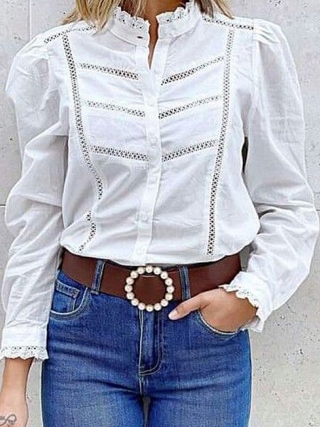 

Stand Collar Casual Shirts & Tops, White, Shirts & Blouses