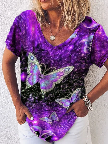 

Butterfly Pattern Cotton Blends Casual Vacation Shirts & Tops, Purple, T-Shirts