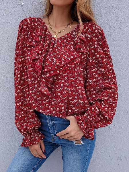 

Loosen Ruffle Collar Shirts & Tops, Red, Blouses and Shirts