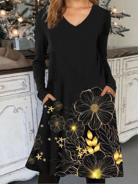 

Casual Long Sleeve V Neck Plus Size Printed Dress, Black, Dresses
