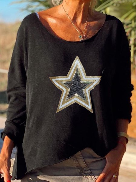 

Sequins Star V Neck Shirts & Tops, Black, T-Shirts