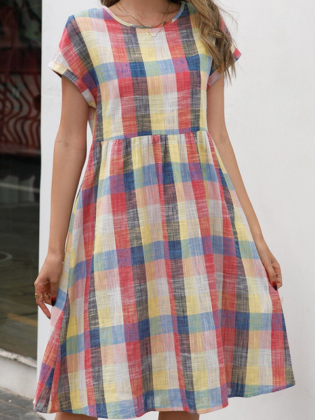 

Crew Neck Casual Checked/Plaid Dresses, Multicolor, Casual Dresses