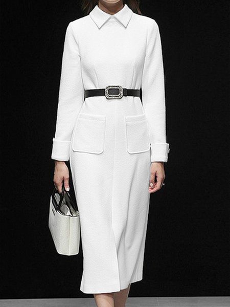 

Regular Fit Lapel Formal Solid Pockets Dress, White, Midi Dresses