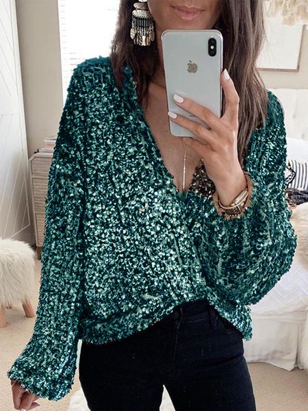 

Casual Sequins Long Sleeve V Neck Shirts & Tops, Green, Tops