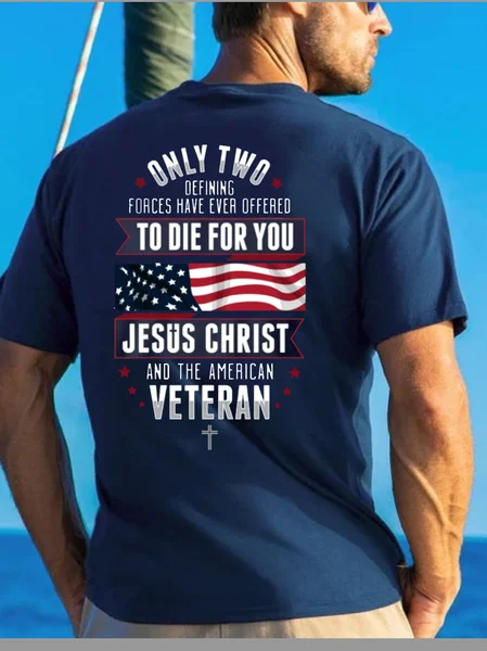 

American flag veteran text print round neck short-sleeved T-shirt, Purplish blue, T-shirts