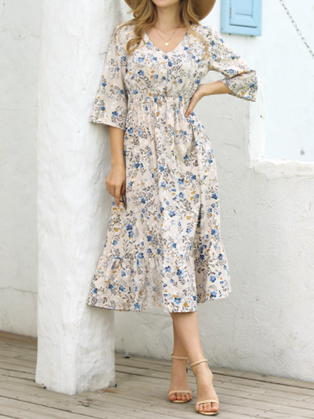

Floral Loosen Dresses, Apricot, Floral Dresses