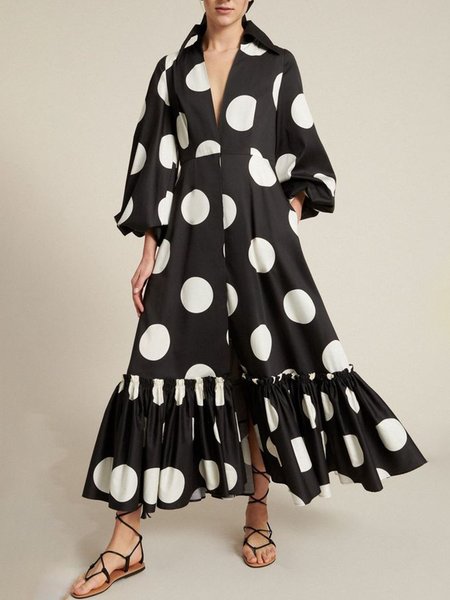 

Shirt Collar Elegant Polka Dots Maxi Dress, Black-white, Midi Skirts