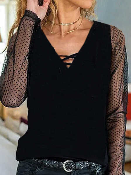 

Cotton Blends Plain V Neck Shirts & Tops, Black, Long sleeve tops