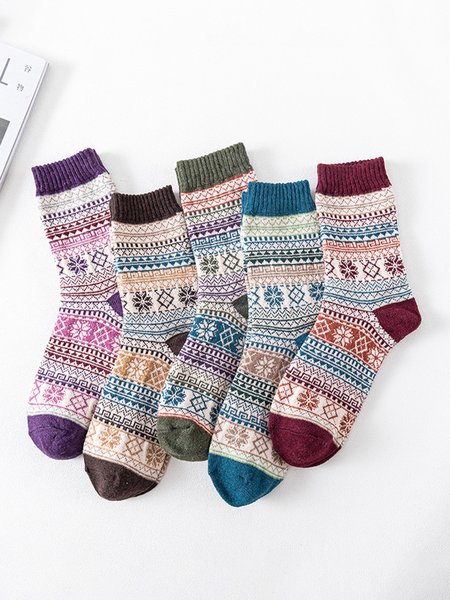 Wool Ethnic Warm Socks 5 Pieces, As picture, Socks