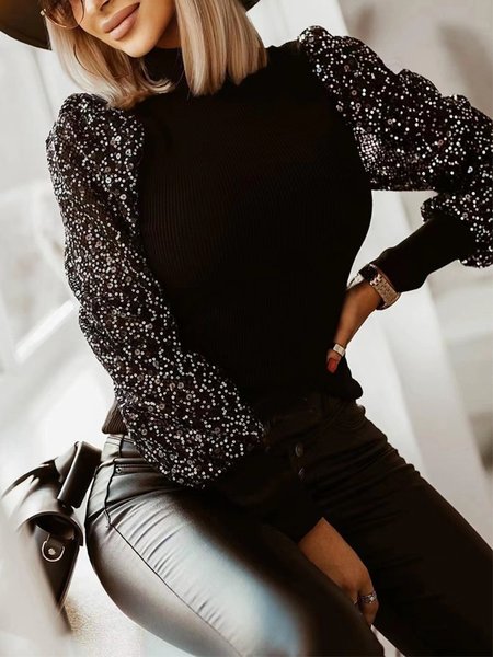 

Sequins Long Sleeve Plain Casual Shirts & Tops, Black, Tops