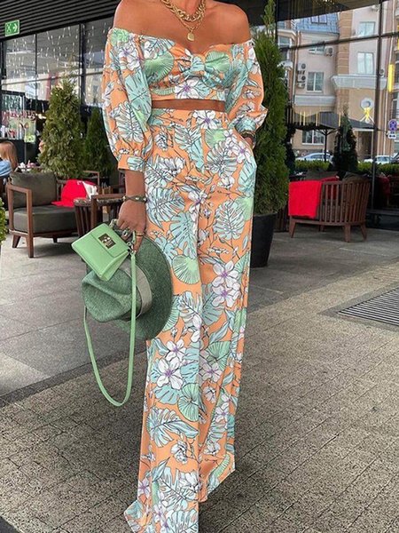 

Boat Neck Vacation Suits, Orange green, Two-piece Set