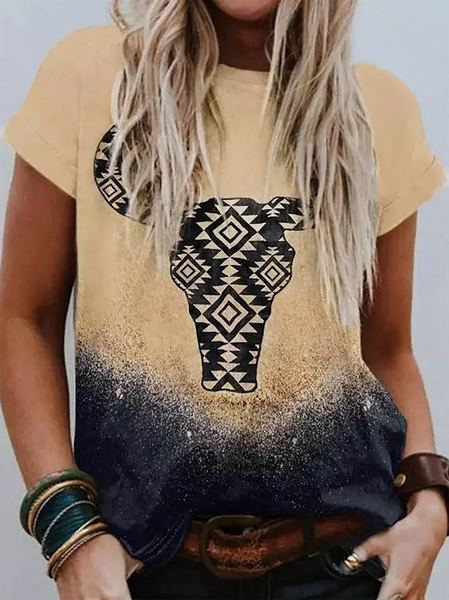 

Aztec Steer Skull Gradient Short sleeve Round Neck T-Shirts & Tops, Yellow, T-Shirts