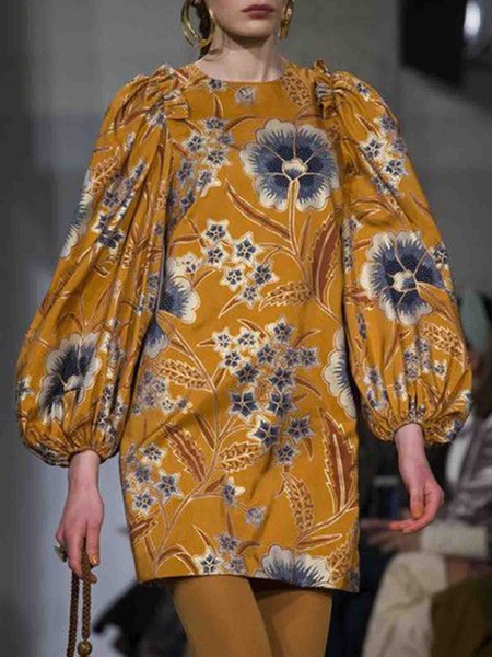 

Floral Crew Neck Elegant Long sleeve Dress, Yellow brown, Mini Dresses