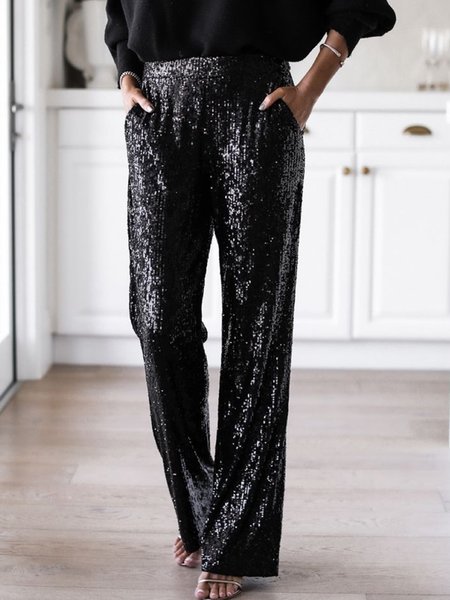 

Tinta unita Paillettes glitterati Tasche taglia grande Casuale Pantaloni Per Donna, Nero, Pants