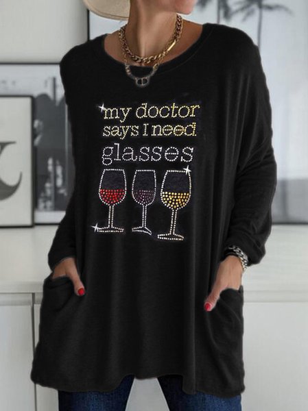 

Rhinestone Letter Geometric Casual Crew Neck Shirts & Tops, Black, Tees & T-shirts