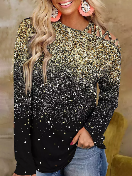 

Vacation Print Criss Cross Cold Shoulder Gradient Blouse Tops, Black, Long sleeve tops