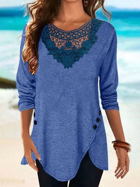 

Cotton Blends Casual Crew Neck lace stitching Shirts & Tops, Blue, Tops