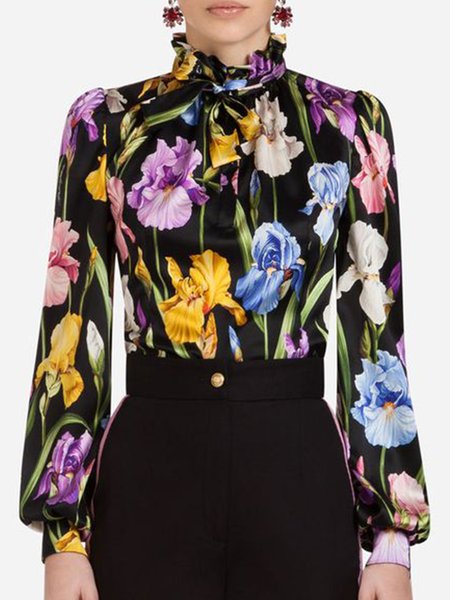 

Bishop Sleeve Elegant Regular Fit Ruffle Collar Top, Black, Blouses and Shirts