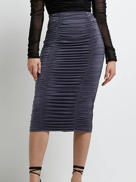 

Ruched Elegant Solid Skirts, As picture, Midi Skirts