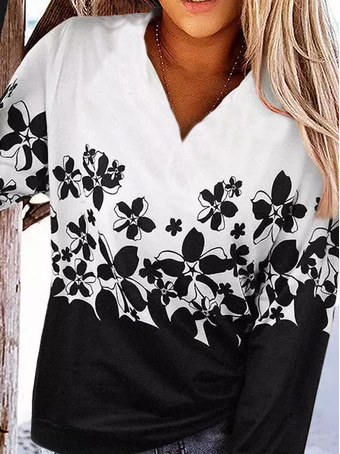 

Loosen Cotton Blends Floral Color Block Shirts & Tops, Black-white, Tops