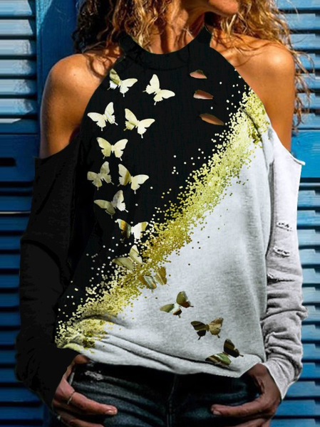 

Butterfly Print Colorblock Cold Shoulder Cutout Top, Black, Tops