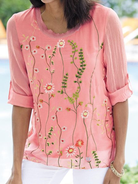 Floral Embroidered Mesh Shirts & Tops, Pink, Tops
