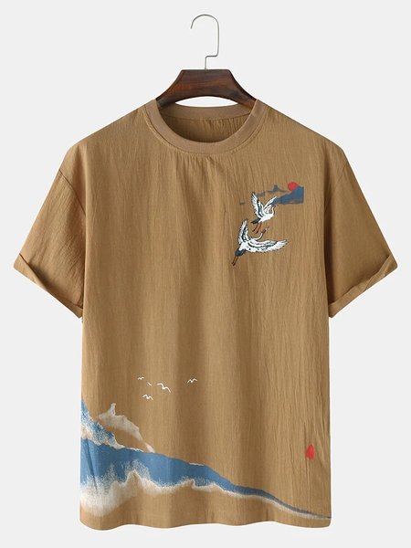 

Chinese Style Crane Cotton And linen T-Shirt, As picture, Men's t-shirts