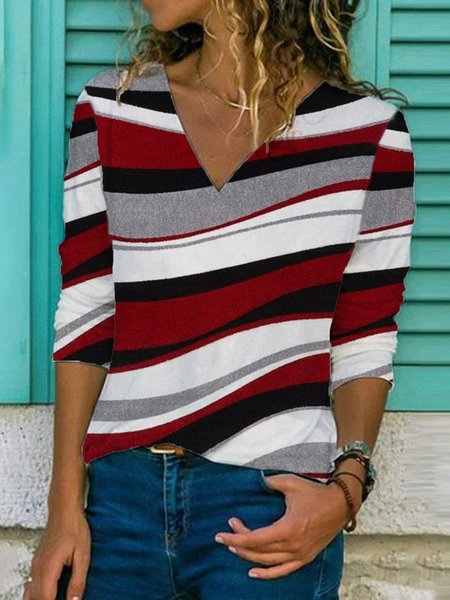 

a Righe Casuale Scollo a V Maniche Lunghe Top, Rosso, Blouses & Shirts
