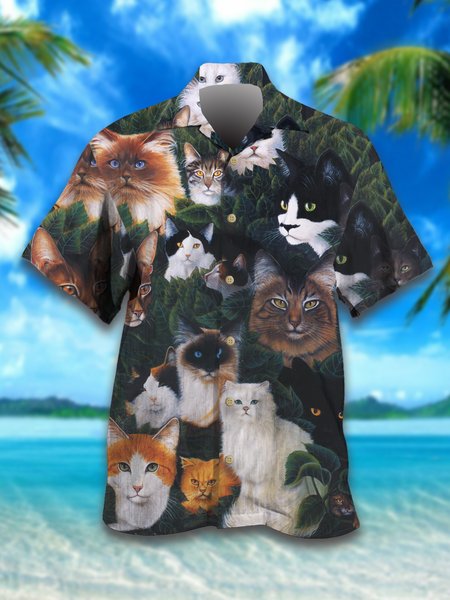 

Fun Cat Digital Print Loose Short Sleeve Shirt, As picture, Men's Floral shirt